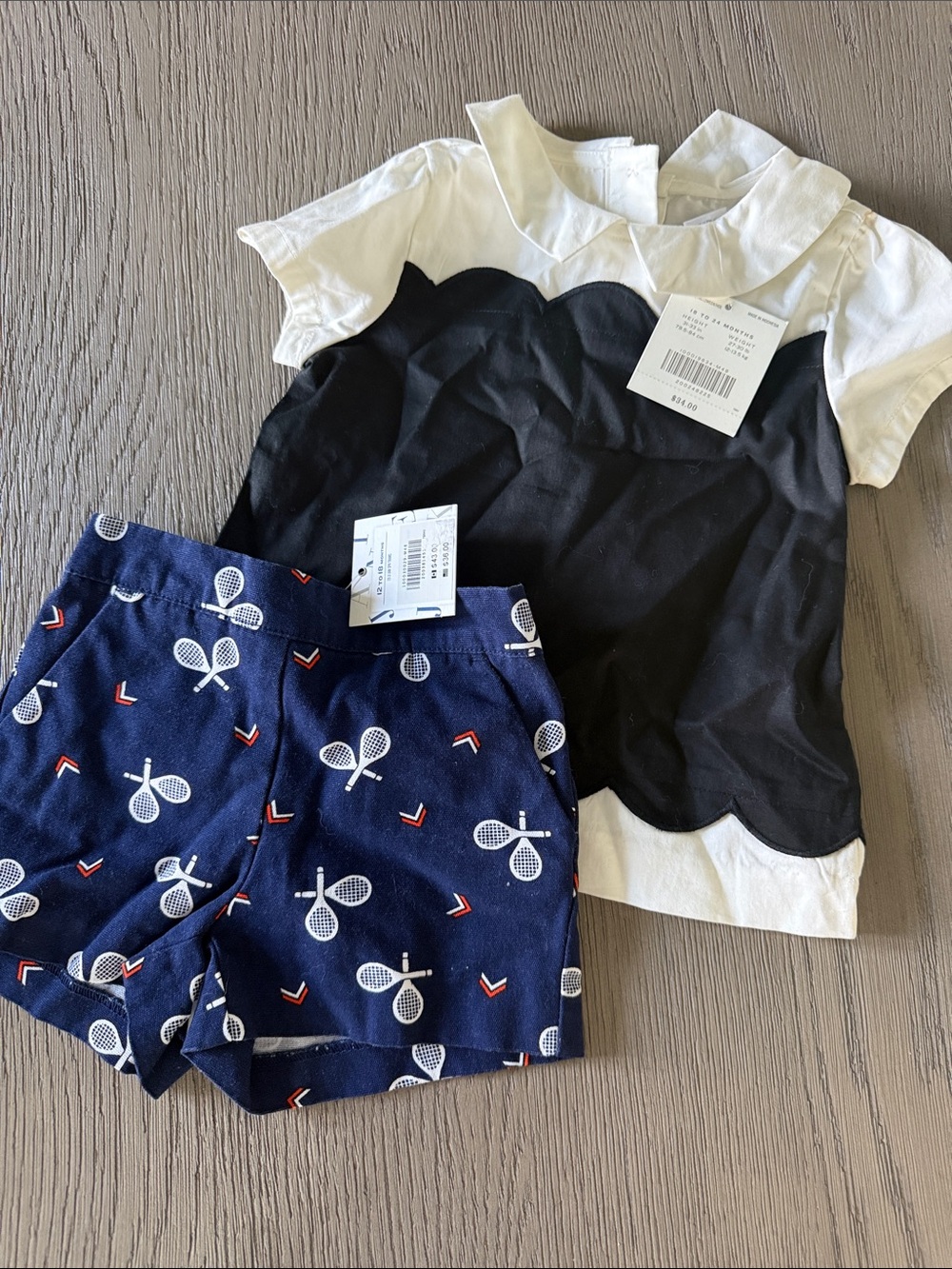 Janie and Jack White and Black Scallop Top with Navy Tennis Print Shorts